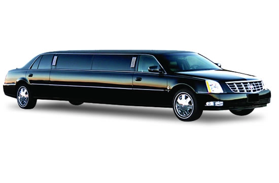Black Cadillac DTS stretch limousine for luxury transportation.