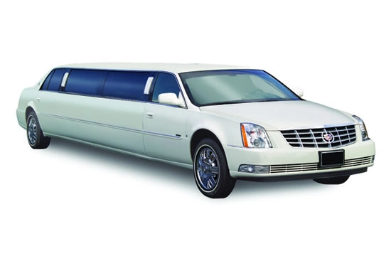 White Cadillac DTS stretch limousine for weddings and VIP transportation.